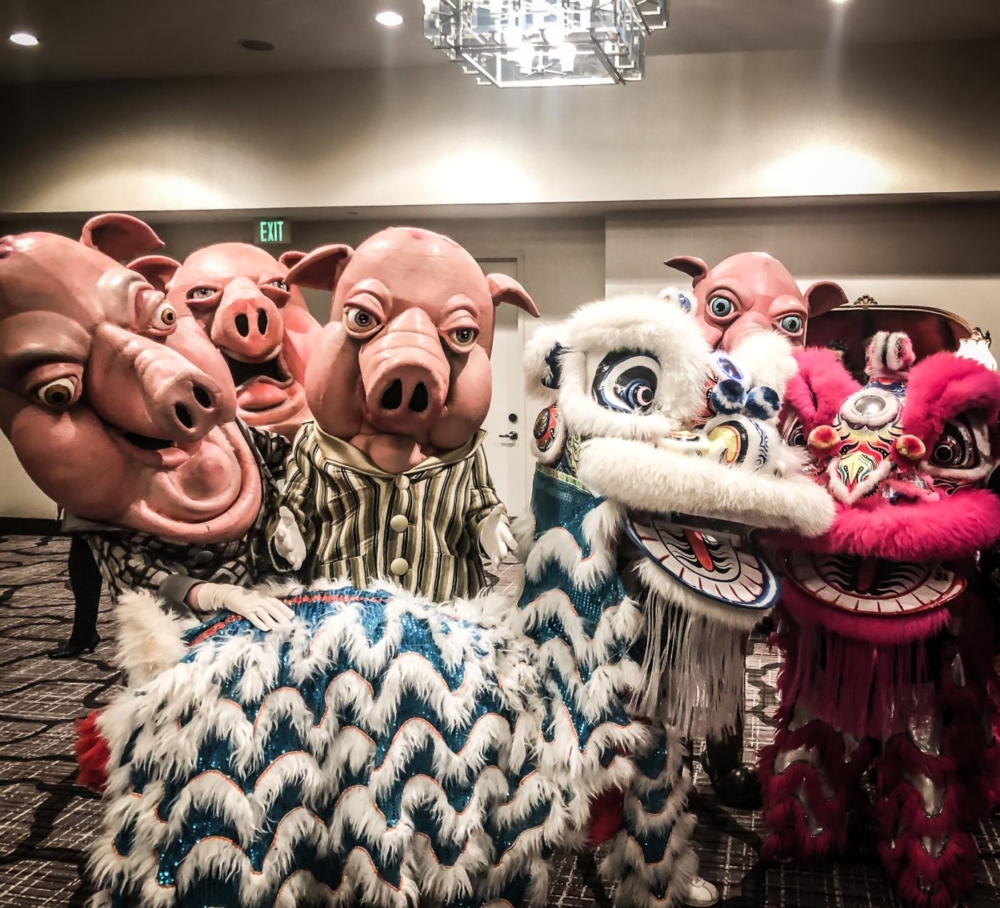 Year of the Pig, pigs with lion dancers